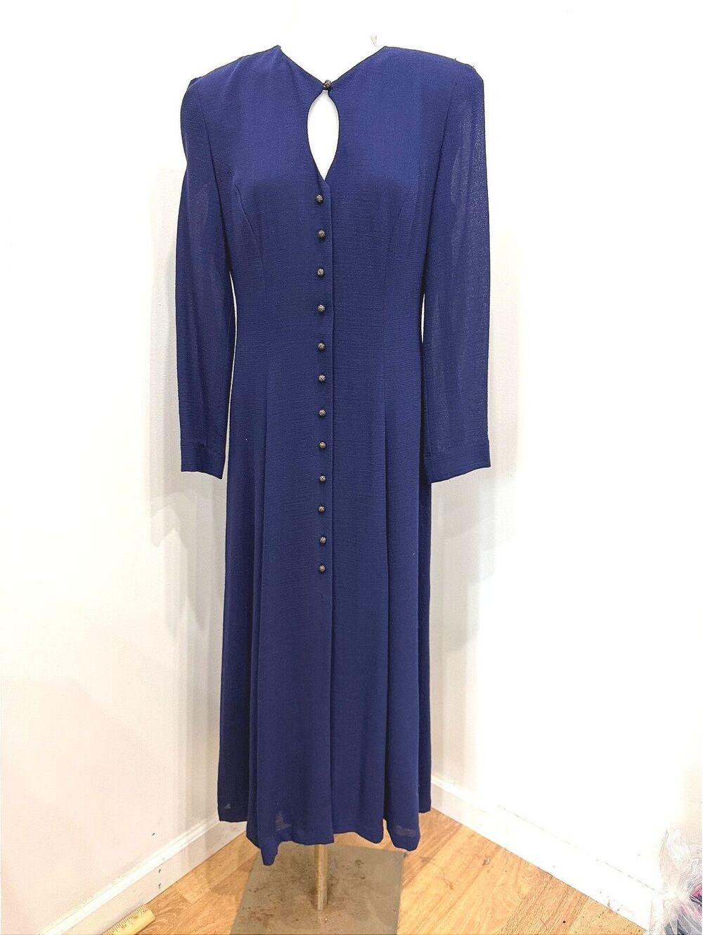 Liz Claiborne Navy Blue Rayon Wool Blend Long Dress Size 4 90s Vintage Office
